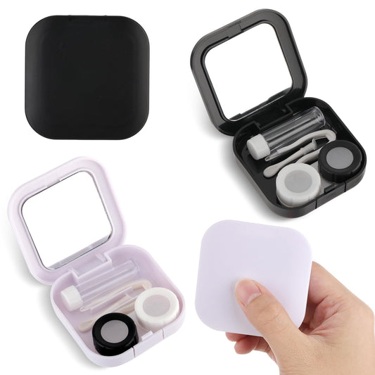 Amaxiu 2Pcs Contact Lens Case, Cute Contact Lens Box Holder with Mirror Portable Soak Storage Kit with Remover Tool Tweezer Solution Bottle Colorful Contact Lens Container For Travel Home(White+Black)