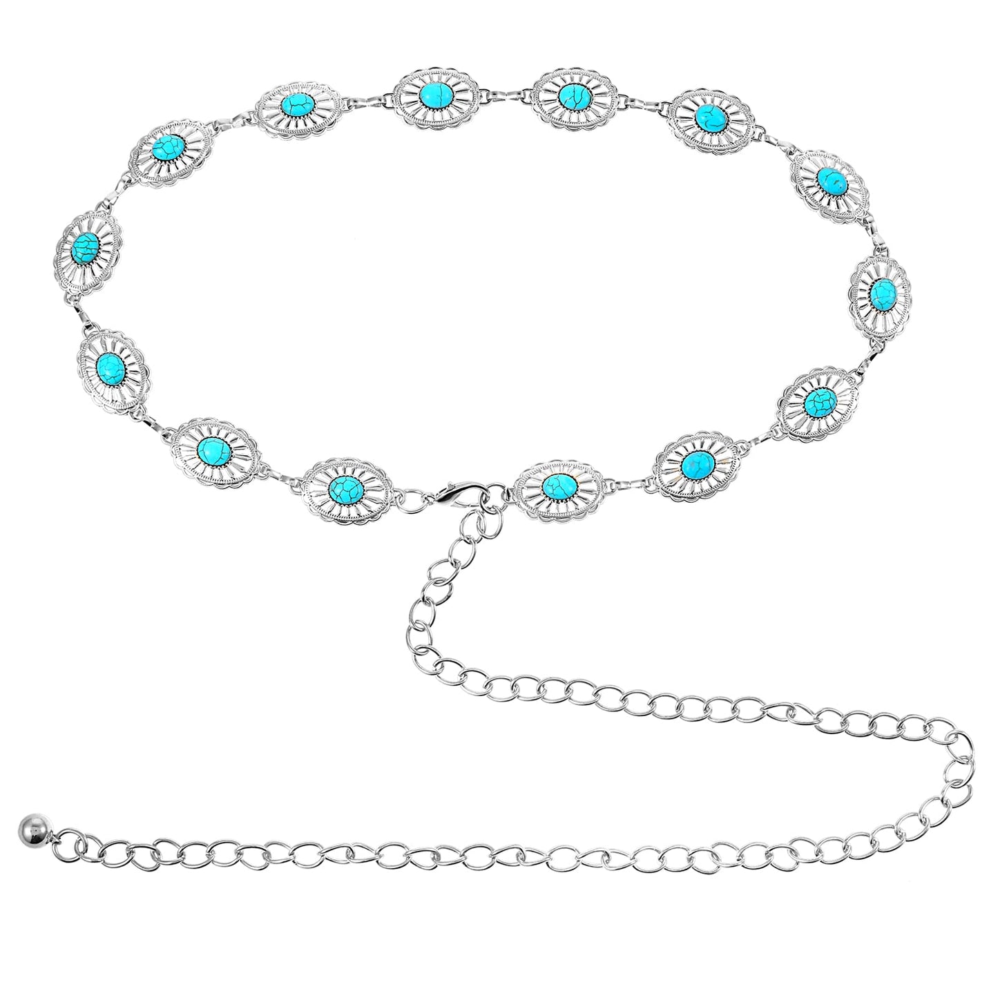 cobee Concho Chain Waist Belts for Women, Turquoise Western Metal Belt Adjustable Cowgirl Belt with Buckle for Jeans Dresses(Silver)