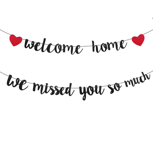 Amabro Welcome Home Banner, We Missed You So Much Banner Welcome Home Sign Black Welcome Back Decorations with Red Heart for Military Army Homecoming Party Family Housewarming Photo Booth Props