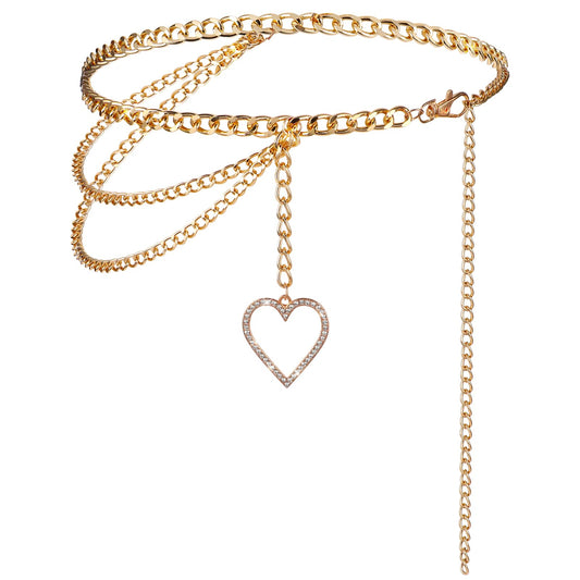 Jeffdad Gold Chain Belts For Women, Metal Chain Belt with Heart Shaped Pendant, Adjustable Body Waist Link Belts for Jeans Dresses(Gold)