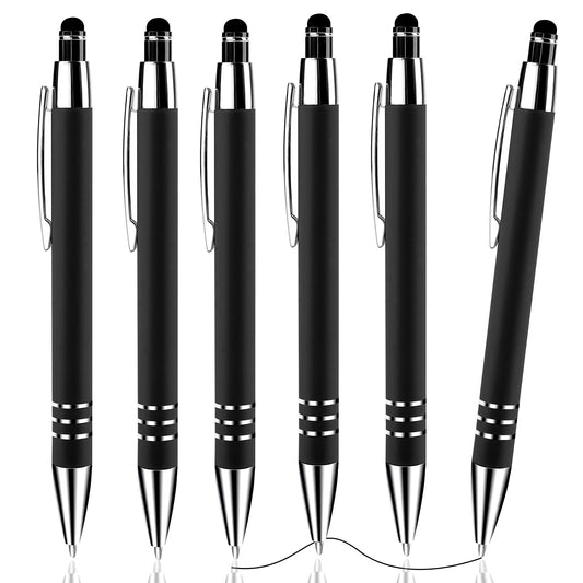 Andibro 2 in 1 Ballpoint Pen with Stylus Tip, 6 Pcs Retractable Ballpoint Pen 1.0mm Medium Point Pen Black Ink Writing Pen Multifunction Metal Stylus Pen for Touch Screens (Black)