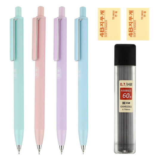 Bewudy 4PCS Aesthetic Mechanical Pencil with 60PCS HB Refill, Cute Mechanical Pencils 0.5mm with 2PCS Erasers, Pastel Mechanical Pencils for Student Office Writing Drawing Sketching Drafting