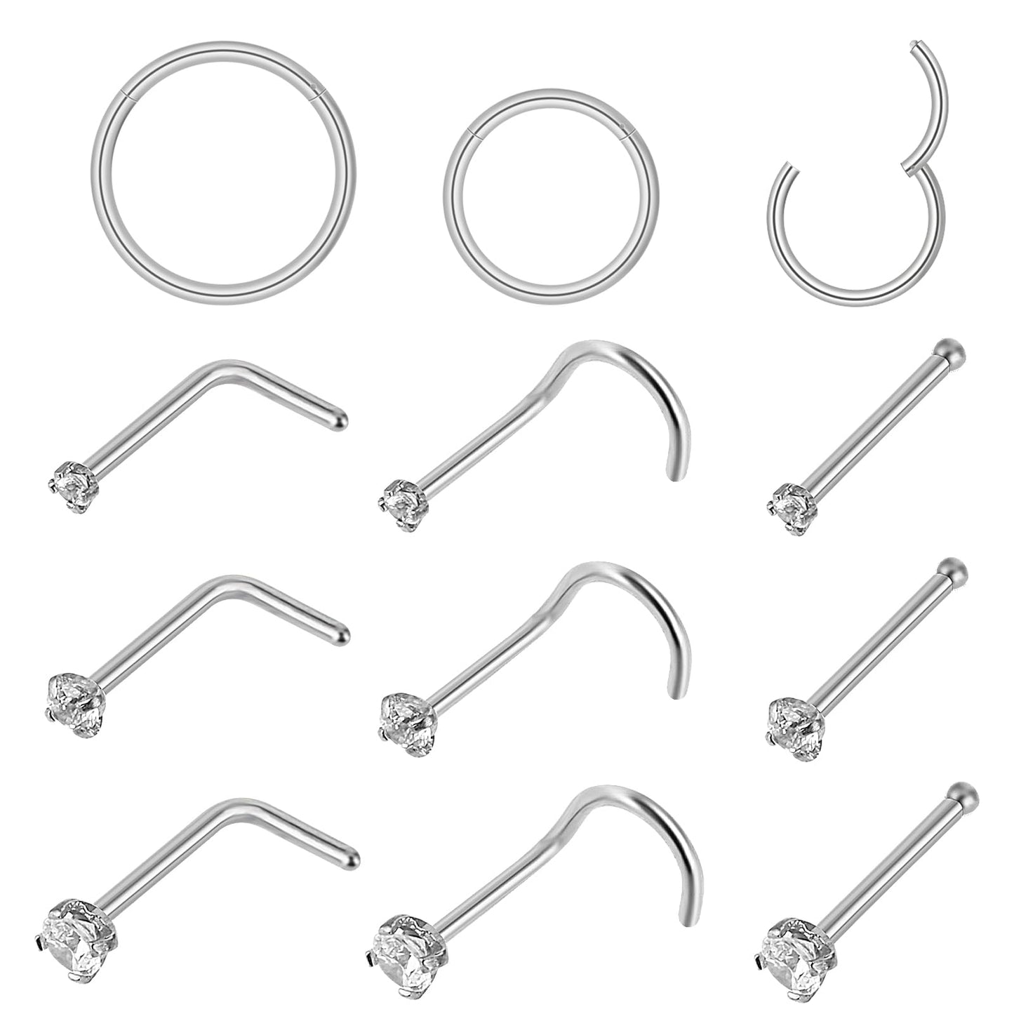 TIESOME 12PCS Stainless Steel Nose Stud Ring, 6/8/10mm Nose Hoop Piercing Nose Bone/L Shaped/Nose Screws Rings Set Body Jewerly for Women Men Silver Nose Rings