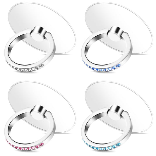 Jeffdad 4 Pcs Diamond Phone Finger Ring Holder Grip, Transparent Cell Phone Rings for Back of Phone, 360° Degree Rotation Phone Ring Holder Grips Stands, Compatible with Most of Phones