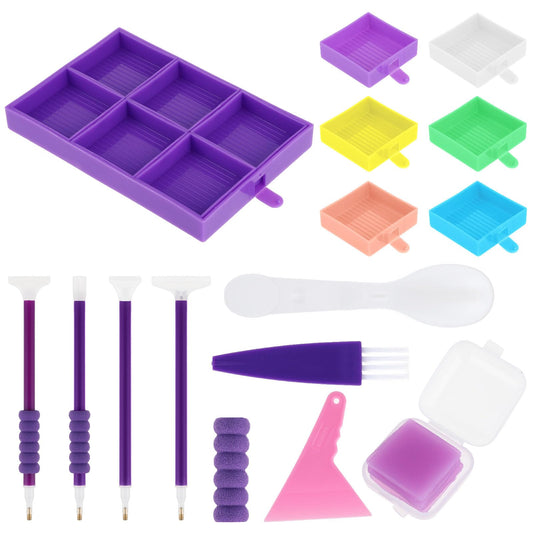 cobee 24pcs Diamond Art Painting Tool Accessory Tray Kits,6 Grids Rhinestone Tray Sorter Organizer with 5D Embroidery Art Pens Glue Clays Press Plate Correction for DIY Craft Supplies(Mixed Color)