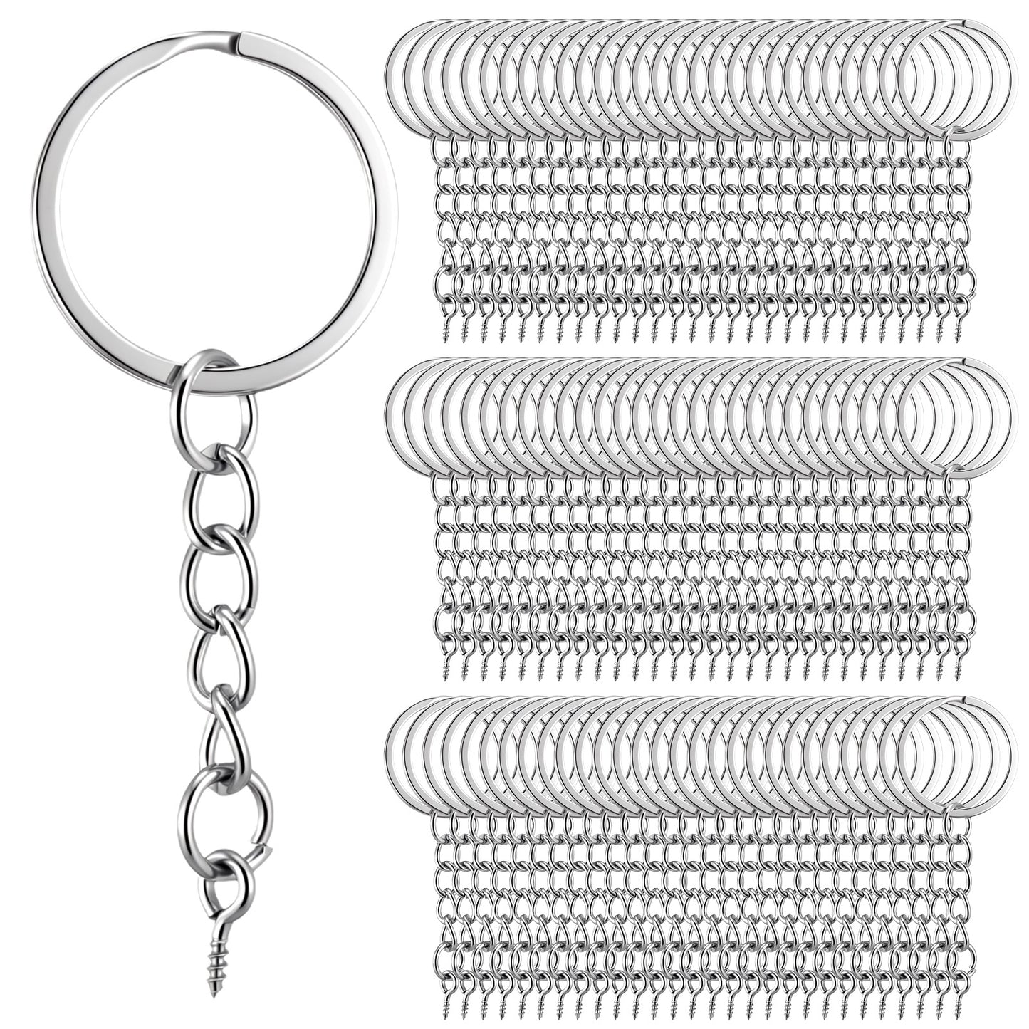 Cobee 85Pcs 25mm Keyring Making Kit, Split Keyring with Chain and Screw Eye Pins Metal Keychain Ring Key Ring Hoops with Jump Rings Keyrings Rings for DIY Crafts Jewelry Making Accessories(Silver)