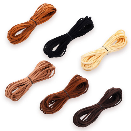 MBAIYO Leather String Suede Cord, 6 Colors 33yd Leather Cords Rope String Flat Suede for Tassels Jewelry Making Necklace Bracelet Art Crafts Beading Yellow Coffee Dark Coffee Black Khaki