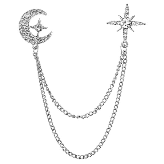 MBAIYO Rhinestone Moon Star Brooch for Women, Silver Crystal Chain Lapel Pin Vintage Sweater Dress Hat Suit Accessories Jewelry Gift(Silver)