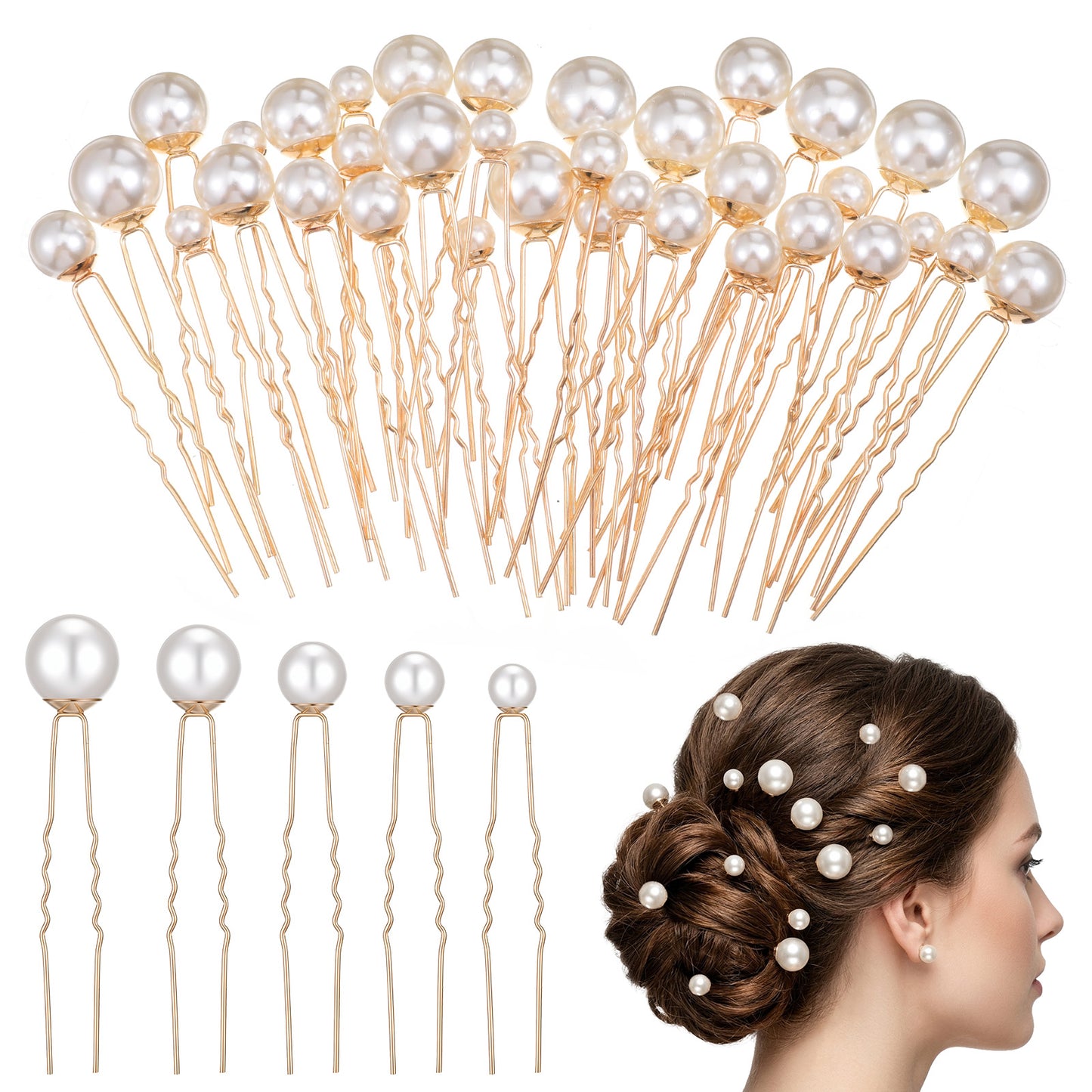 Cobee 36 Pcs Wedding Pearl Hair Pins, Gold U Shaped Pearl Hair Pins
