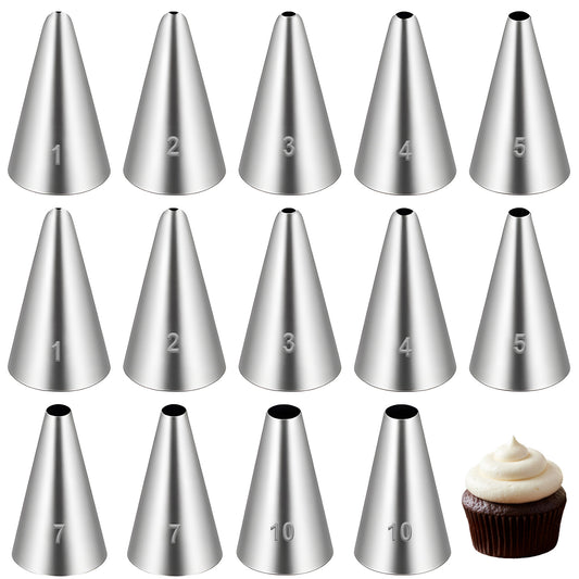 Jeffdad 14 Pcs Round Hole Piping Tips Set, Stainless Steel Cupcake Frosting Nozzles Cake Decorating Tool Cake Icing Decorating Tool for Cookies Cupcake&Cream Bag Filler-7 Sizes