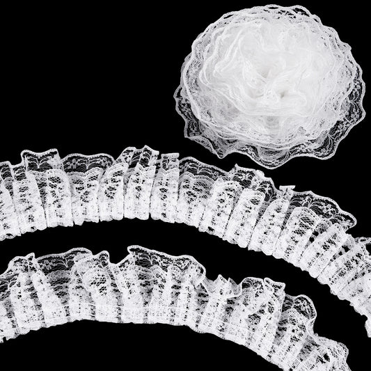 HJZHII 10 Yards Double Layer White Lace Ribbon, White Lace Ruffle Trim for Crafts Laces Edge Gathered Mesh Trim Ribbon for Gift Wrapping Double Layer Pleated Chiffon Laces Trims for Wedding Decoration