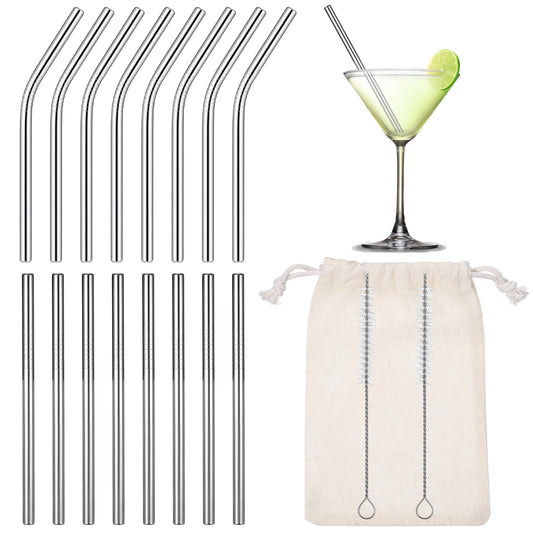JIEYAO 16 Pack Short Metal Straws Reusable Stainless Steel Cocktail Straws 8 Straight 8 Bent 5 Inch Drinking Straws with 2 Cleaning Brush Drinking Straws for Coffee Cocktails Small Glasses or Cups