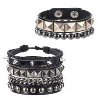 JIYIN Punk Leather Rock Studded Bracelets, 4 Pcs Punk Rock Leather Spike Bracelet for Men Women, Leather Cuff Bracelet 80s Wristband Set Adjustable Emo Punk Accessories Grunge Bracelet for Man Woman