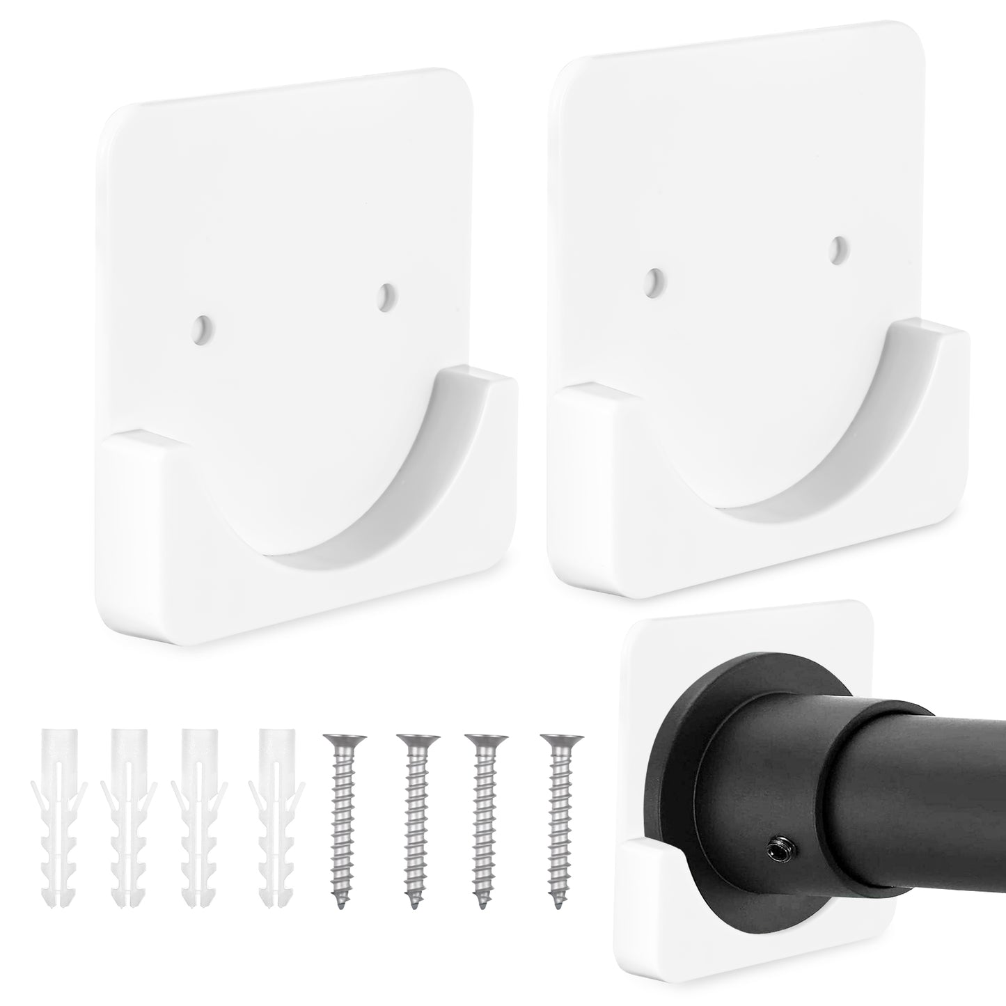 Giantree 2 Pcs Adhesive Shower Curtain Rod Holder with Screw, No Drilling & Drilling 2-in-1 Universal Curtain Rod Holder Curtain Tension Rod Holder Wall Mount Holder Not Included Rod(White)