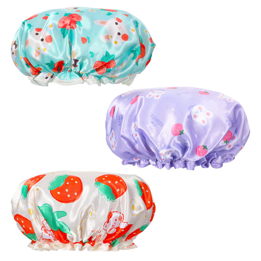 Jeffdad Kids Shower Caps, 3 PCS Toddler Cute Shower Cap Double Layers Shower Caps Cute Rabbit Bonnets Elastic Band Bonnet Satin and Eva Soft Kids Sleeping Cap Reusable Shower Cap
