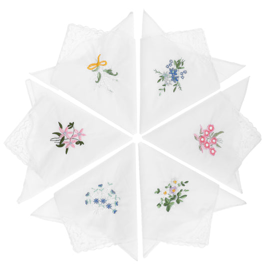 JJUNW 6 Pack Ladies Cotton Handkerchiefs Flower Embroidered wif Lace Ladies Vintage Handkerchiefs for Wedding Party(White)