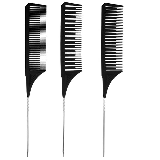 HJZHII 3PCS Highlight Combs, Professional Hair Dye Comb Stylist Combs Weaving Comb with Long Stainless Steel Rat Tail 3 Sizes for Home Barbershop Salon(Black)