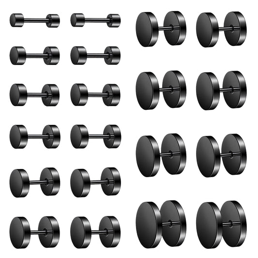 Andibro 10 Pairs Black Stud Earrings for Men Women, Fake Gauge Earrings Faux Gauges Black Round Dot Ear Studs Set 3-14mm