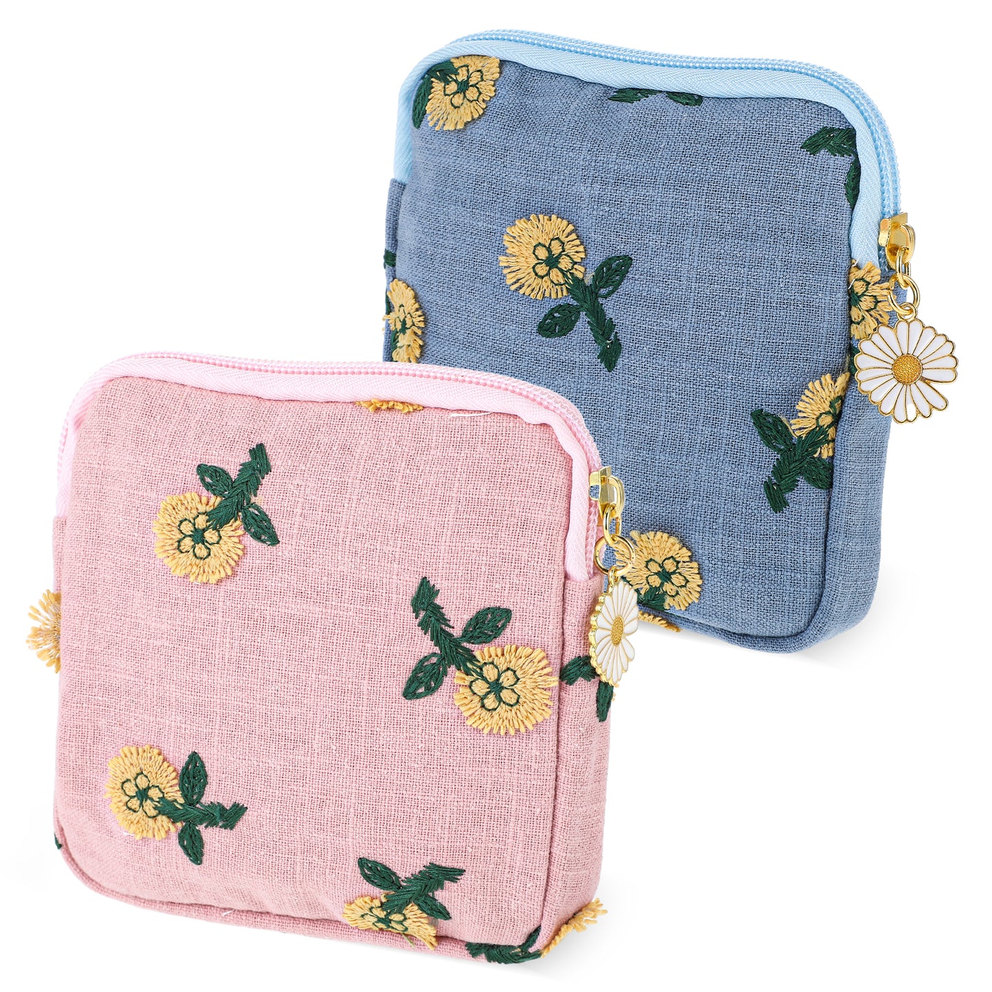 TIESOME Daisies Sanitary Napkin Storage Bag, 2 Pcs Embroidery Menstrual Cup Pouch Cotton Soft Period Holder Bag Portable Tampon Holder Pad Pouch Period Kit Bag for Women Teen Girls (Blue+Pink)