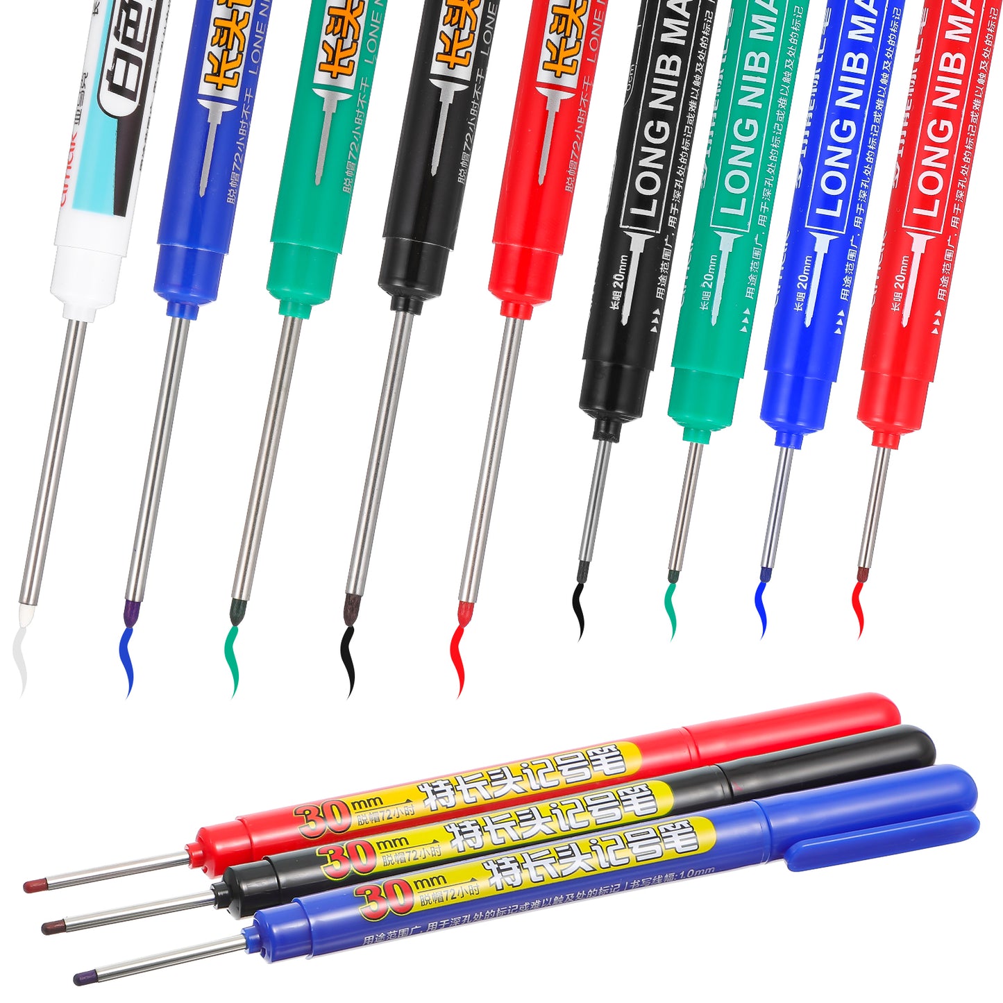 HJZHII 12 Pcs Long Head Deep Hole Marker Pens, 45/30/20 mm Deep Reach Metal Marking Pen Long Nosed Drill Hole Markers Waterproof Carpenter Pen for Woodworking Hardware Construction