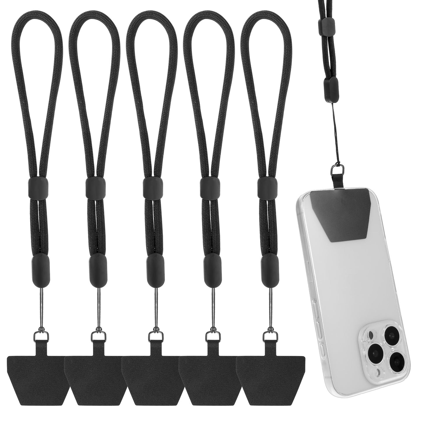 Yuanchu 5Pcs Phone Wrist Strap, Adjustable Cell Phone Lanyard Wristlet Strap With 5 Pack Phone Tether Tabs for Most Cell Phone Camera(Black)