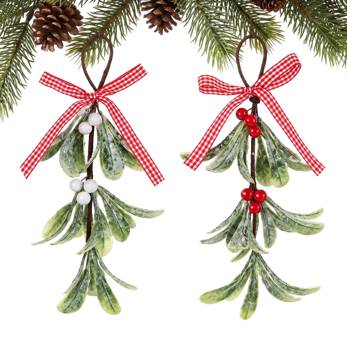 Amabro 2Pcs Mistletoe Christmas Decor, Frosted Mistletoe Hanging Ornament