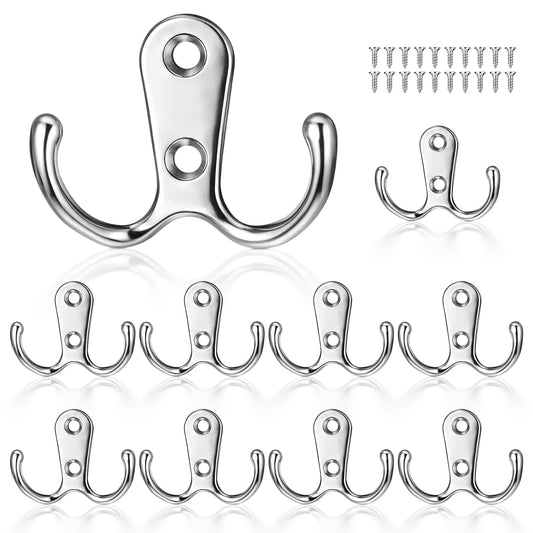 Cobee 10 Pcs Double Prong Robe Hooks, Dual Coat Hooks Cloth Hanger Metal Wall Mounted Door Hook Utility Hook for Bathroom Bedroom Kitchen Hanging Clothes Coat Bag Towel Key(Silver)