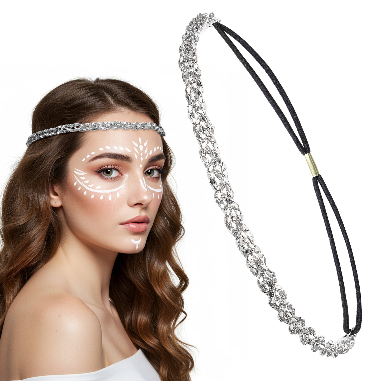 IANFAN Silver Elastic Rhinestone Hairbands, Adjustable Crystal Headband 70s Vibe Sparkly Head Chain Diamond Hair Bands Accessories for Singing, Dancing, Weddings, Party