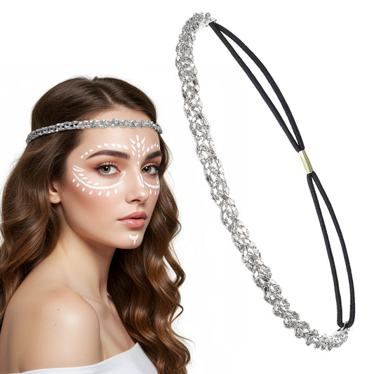 IANFAN Silver Elastic Rhinestone Hairbands, Adjustable Crystal Headband 70s Vibe Sparkly Head Chain Diamond Hair Bands Accessories for Singing, Dancing, Weddings, Party