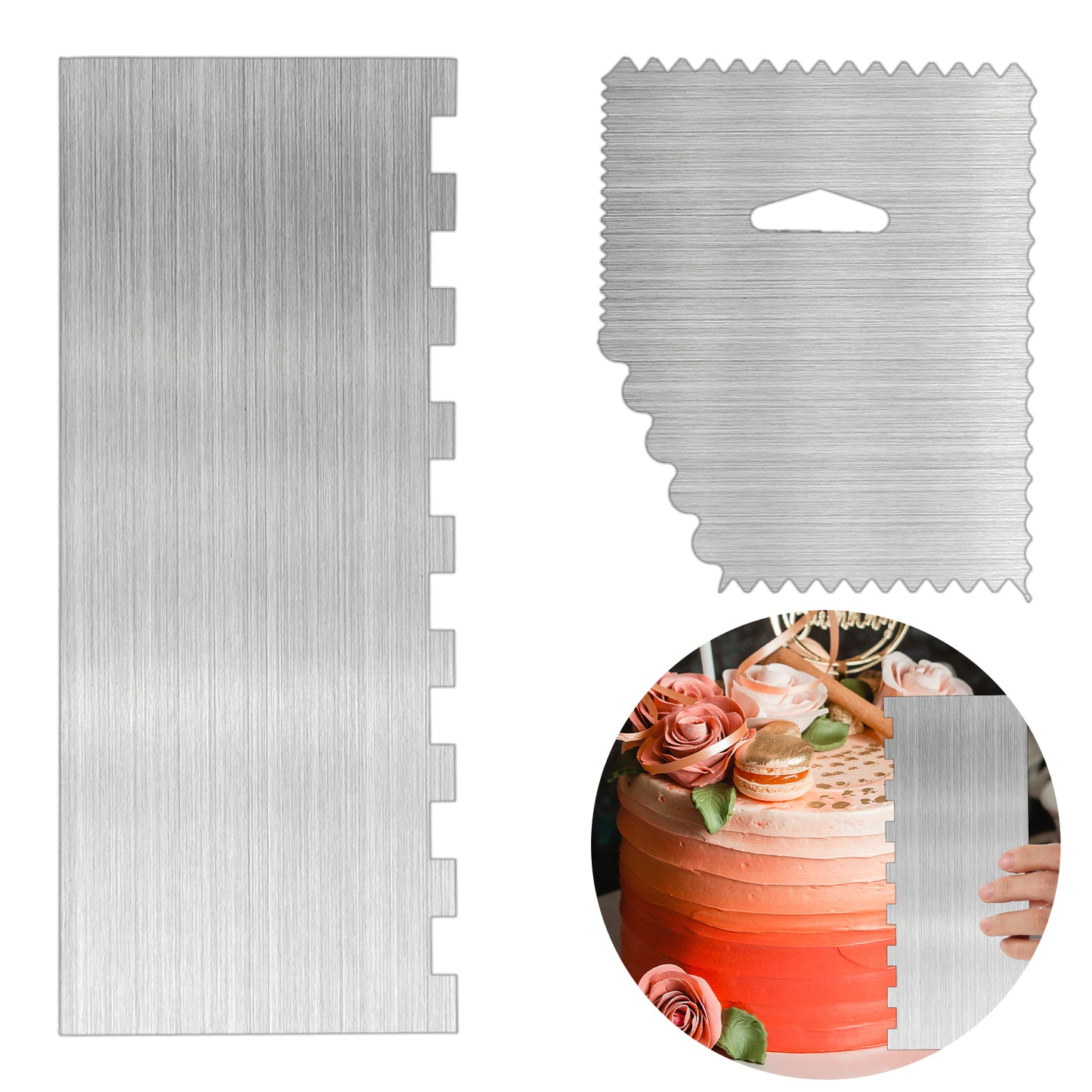 JJUNW 2Pcs Ehonik Stainless Steel Cake Scraper Cake Decorating Tools, Metal Cake Scraper Smoother Double Sided Jagged Wave Patterned for Different Shapes of Comb Cake Edges Decoration