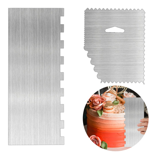 JJUNW 2Pcs Ehonik Stainless Steel Cake Scraper Cake Decorating Tools, Metal Cake Scraper Smoother Double Sided Jagged Wave Patterned for Different Shapes of Comb Cake Edges Decoration