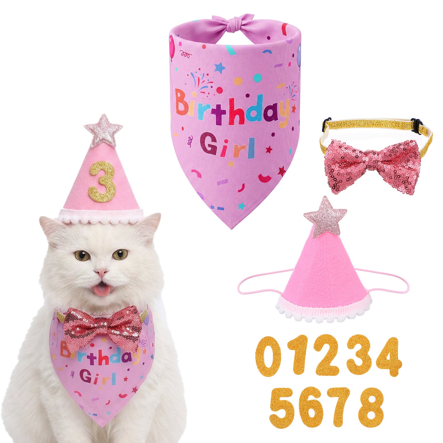 YUXMU Dog Birthday Party Supplies, Pink Dogs Birthday Hat Crown with Numbers Dog Birthdays Bandana and Bowtie Set Multi Size Birthdays Decorations for Medium Small Dogs and Cats(Pink)