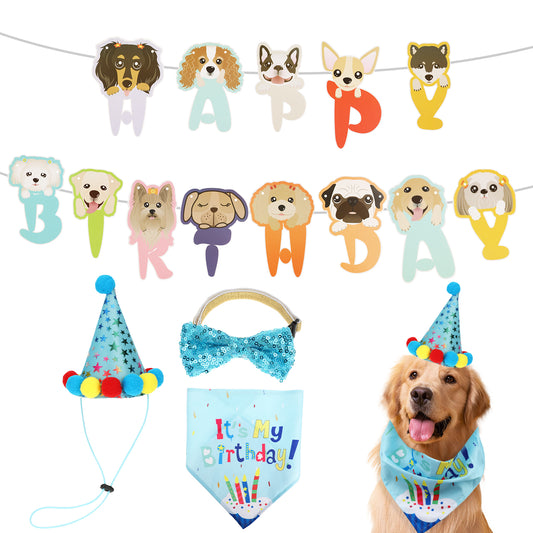 Jeffdad Dog Birthday Party Supplies, Birthday Hat,Bow Tie, Bandana, Banner,Puppy Pet Theme Birthday Decorations Suit for Dog Birthday Party Decorations (Blue)