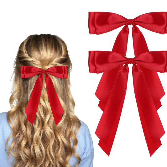 LIQWEI 2 Pcs Red Hair Bow, Red Hair Clips for Hairs Satin Bows Hairs Ties, Large Double Satin Ribbon Accessories for Women Girls Ponytail Holder Holiday Party