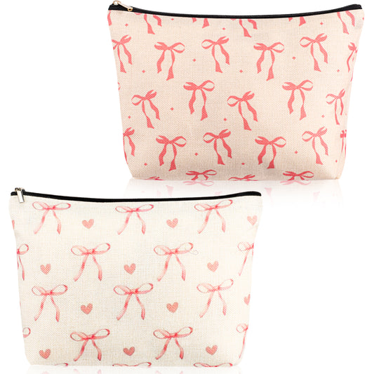 Molain 2 PCS Coquette Preppy Pink Bow Makeup Bag, Aesthetic Cosmetic Pouch Funky Pouch Gift and Toiletry Bag Trendy Gift for Women