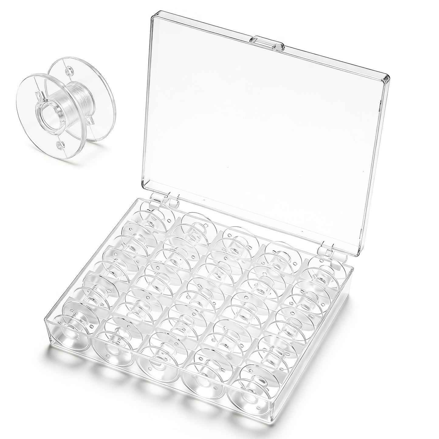 LXUEJIE 2 Boxes Total 50 Pcs Bobbins for Sewing Machine, Clear Plastic Bobbin with Organizer Box, Universal Replacement, Plastic Bobbins, Easy to Use & See Thread Level