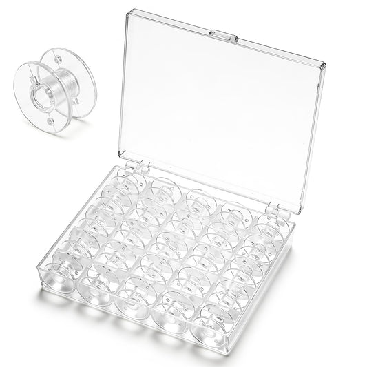 LXUEJIE 2 Boxes Total 50 Pcs Bobbins for Sewing Machine, Clear Plastic Bobbin with Organizer Box, Universal Replacement, Plastic Bobbins, Easy to Use & See Thread Level