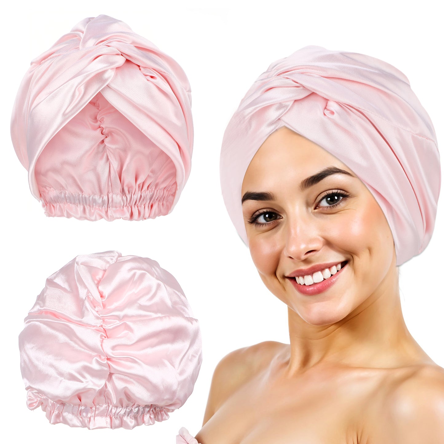 JIYIN Silk Satin Bonnet for Sleeping Women, Double Layer Soft Hair Bonnet Satin Hair Bonnet, Hair Bonnet for Sleeping for Curly Straight Hair Long Large Braid Unisex(Pink)