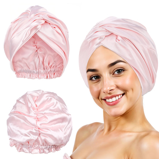 JIYIN Silk Satin Bonnet for Sleeping Women, Double Layer Soft Hair Bonnet Satin Hair Bonnet, Hair Bonnet for Sleeping for Curly Straight Hair Long Large Braid Unisex(Pink)