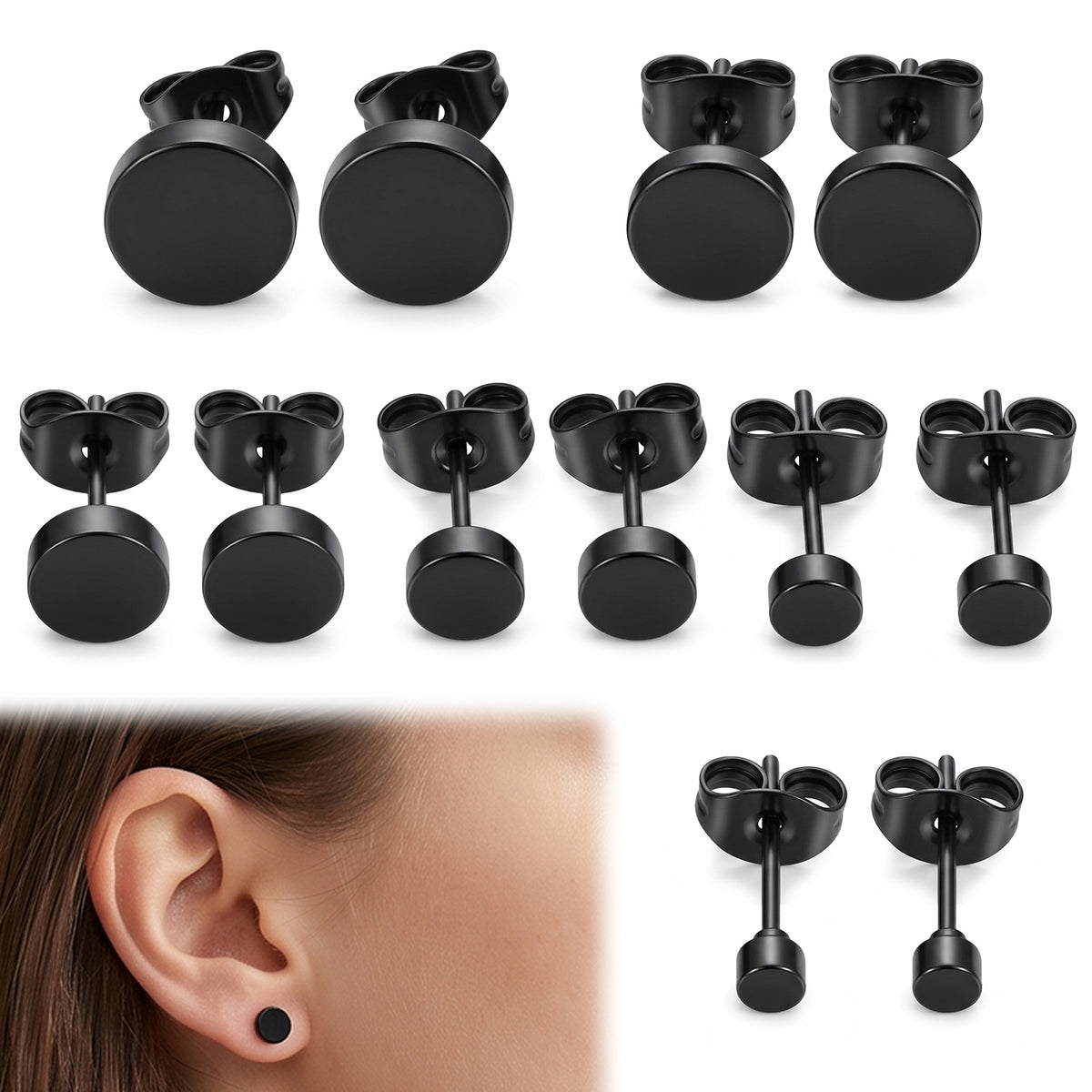 Jeffdad 6Pcs Black Stud Earrings for Men Black Stud Earrings