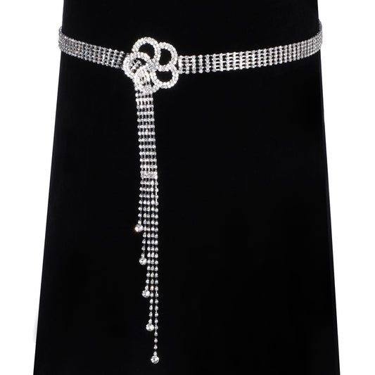 JIEYAO Large Rhinestone Waist Belt for Women, Silver Crystal Chain Belt Adjustable Sparkle Dressy Belts With Flower Buckle