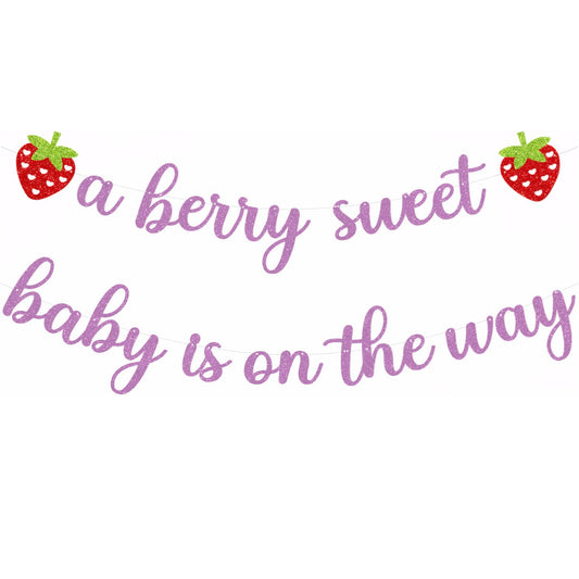 MBAIYO A Berry Sweet Baby is On The Way Banner, Strawberry Baby Shower Banner, Pre-strung Glitter Fruits Pink-Purple Decor for Birthday Gender Reveal Party Supplies
