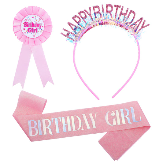 LXUEJIE 1 Set Birthday Girl Sash for Kids, Pink Glitter Happy Birthday Sash, Crown Tiara Headband Set for Her Women & Kids, Princess Party Accessories Gifts, Pink