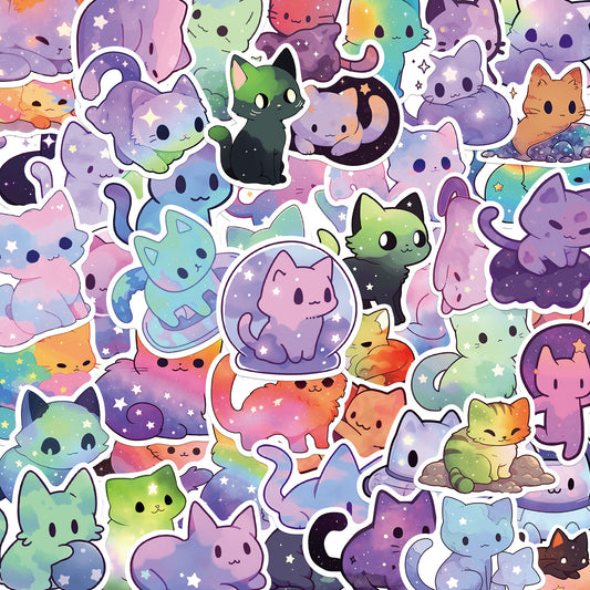 Amaxiu 50 Pcs Rainbow Starry Sky Cat Stickers, Kawaii Animal Cat Stickers, Cute Aesthetic Decals, Waterproof Vinyl Stickers for Computer, Laptop, Scrapbooking, Planner, Journals, and More