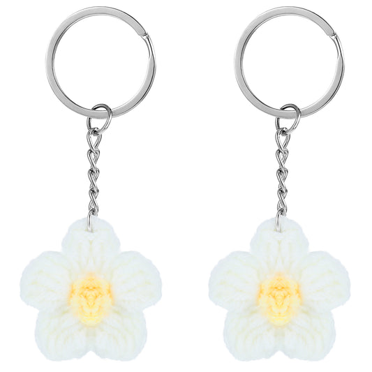 AOZUO 2pcs Daisy Keychain, Crochet Daisy Flower Keyring Handmade Weaving Floral Bag Charms for Purse Wallet Handbag Bags Decor(White)
