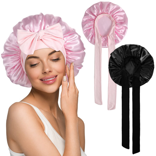 JIEYAO 2 Pcs Satin Bonnet for Sleeping Women(Pink, Black)