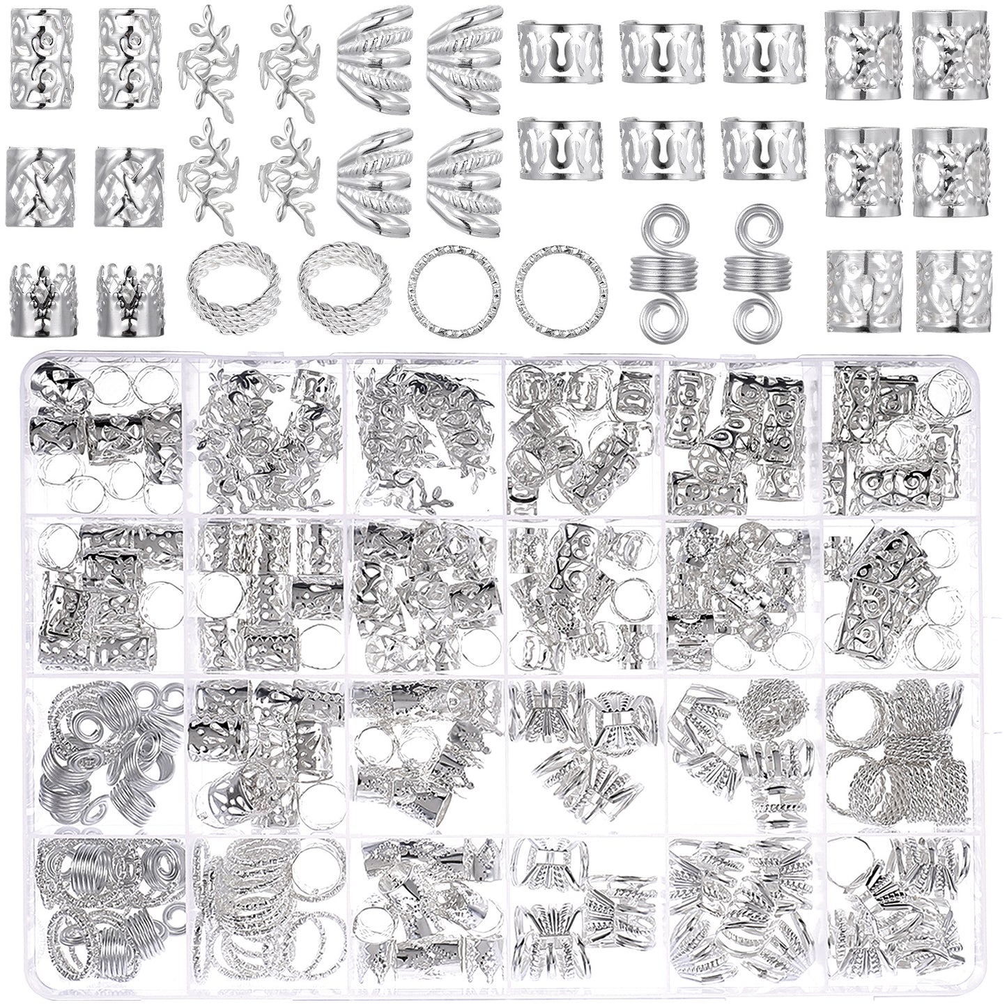 YUXMU 290 Pcs Silver Hair Jewelry for Braids, 11 Style Loc Jewelry for Hairs Dreadlock Hair Accessories for Adjustable Metal Braids Rings Cuffs Clips Hair Charms for Women Girls Boys Men(Silver)