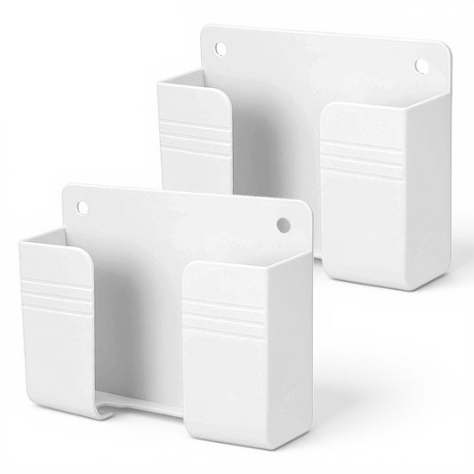 LXUEJIE 2 Pcs Wall Mount Phone Holder, Phone Stand with Self-Adhesive with Data Cable Receiving Hole, Charger Remote Control Storage Box for Bedroom, Living Room, Bathroom, Kitchen, Office (White)