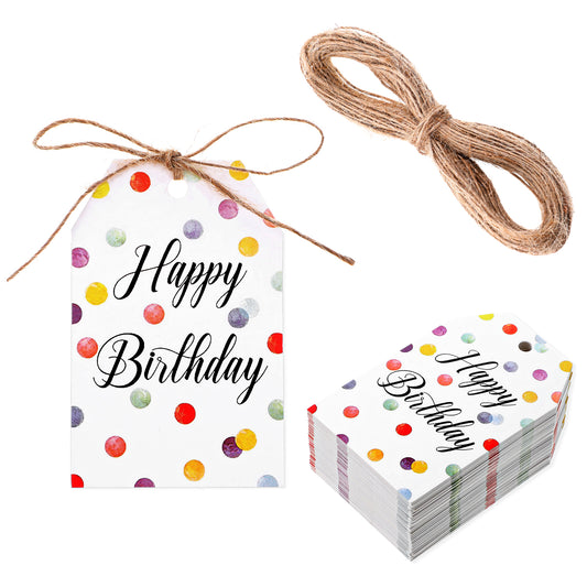 MBAIYO 100Pcs Happy Birthday Gift Tags with String, Birthday Paper Gift Tags Personalized Gift Tags Happy Birthday Tags Birthday Tags for Birthday Presents Invitations Wish Cards