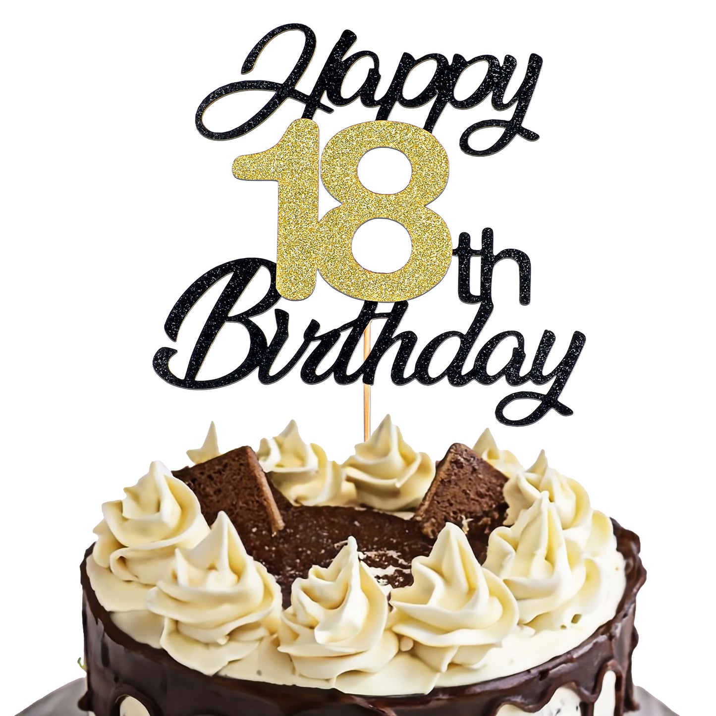 JIEYAO 18th Happy Birthday Cake Toppers, Black Gold Glitter Cake Decorations Happy 18th Birthday Cake Topper for Girls Boys Birthday Themed Party